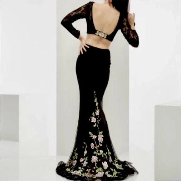 NEW JASZ COUTURE SZ 8 TWO PIECE BLACK LACE FLORAL FORMAL GOWN - Picture 9 of 10